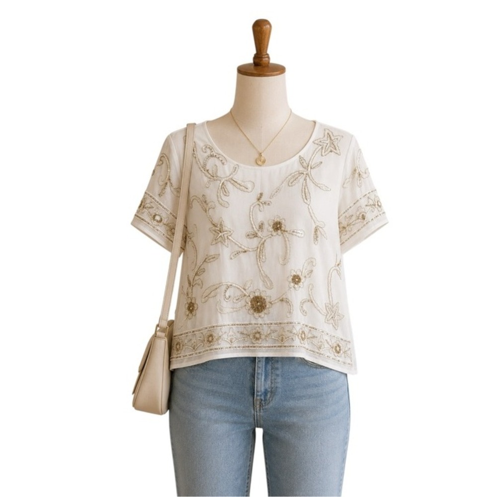 Beaded Sequin Embellished Cropped Top Ivory Floral Boho Large Statement Event - Picture 2 of 13